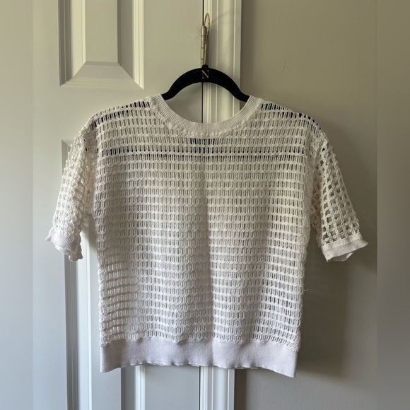 DKNY Women's Round-Neck Short-Sleeve Open-Crochet Sweater - Picture 2 of 7